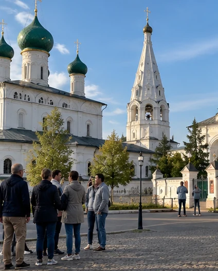 Экскурсионная группа в историческом городе во время автобусного тура