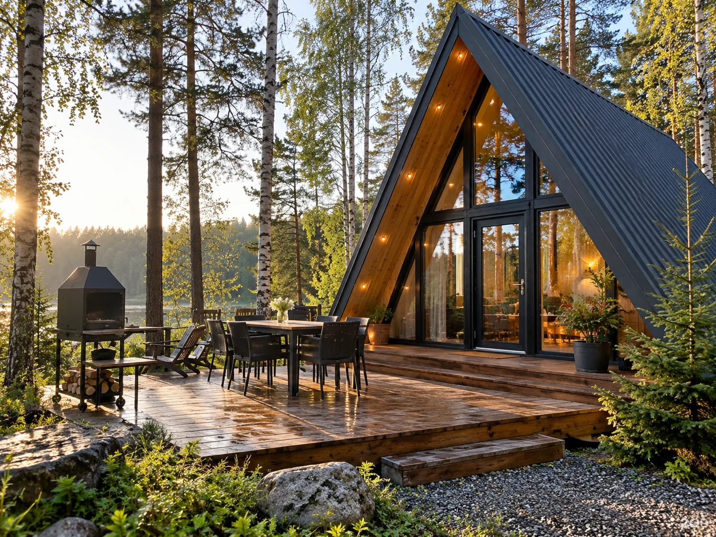 A-frame домик на базе отдыха в лесу с террасой и мангалом